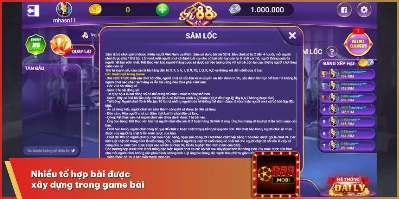 Sâm Lốc R88 - Game Bài Giải Trí Sinh Lời Độc Quyền 2025 3 Nhiều tổ hợp bài được xây dựng trong game bài